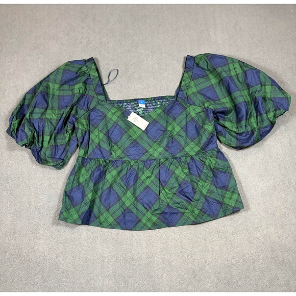 Old Navy Tops - Old Navy Peplum Top Women M Green Blue Plaid Puff Sleeve Smocked Back Cotton New